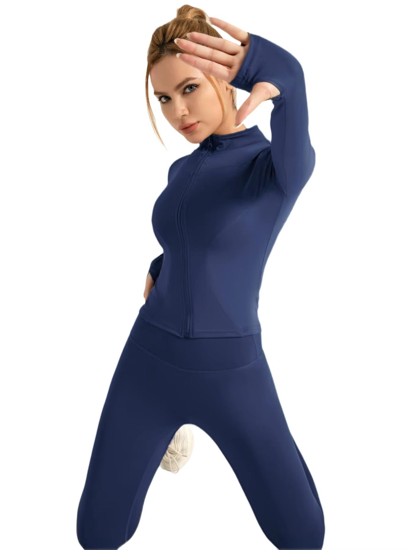 Two-Piece Set Women'S Solid Zip Upmock Neck Sports Jacket & Highwaist Leggings Set, Sportybreathable Quick Drying