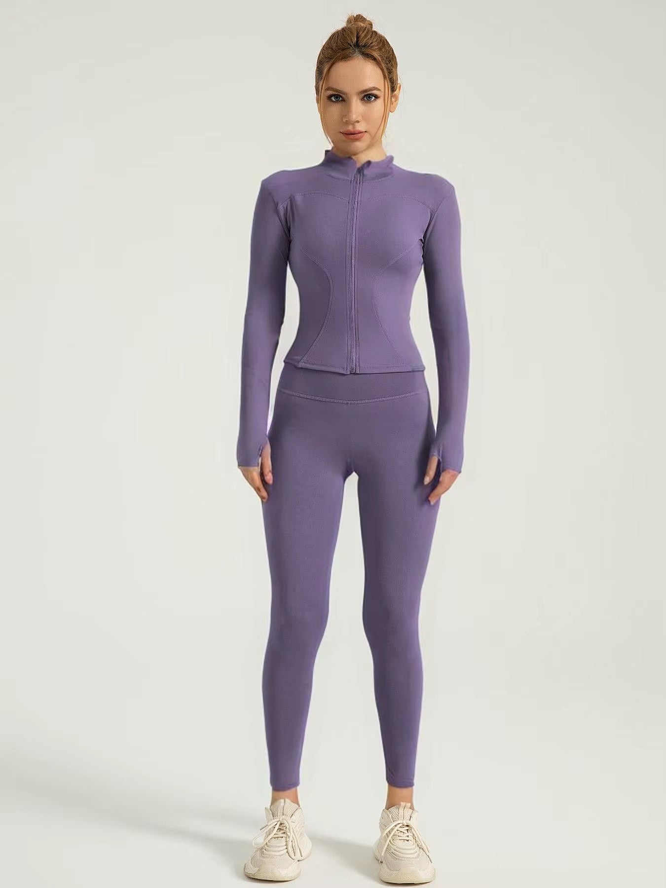 Two-Piece Set Women'S Solid Zip Upmock Neck Sports Jacket & Highwaist Leggings Set, Sportybreathable Quick Drying