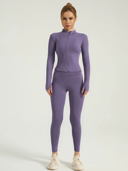 Two-Piece Set Women'S Solid Zip Upmock Neck Sports Jacket & Highwaist Leggings Set, Sportybreathable Quick Drying